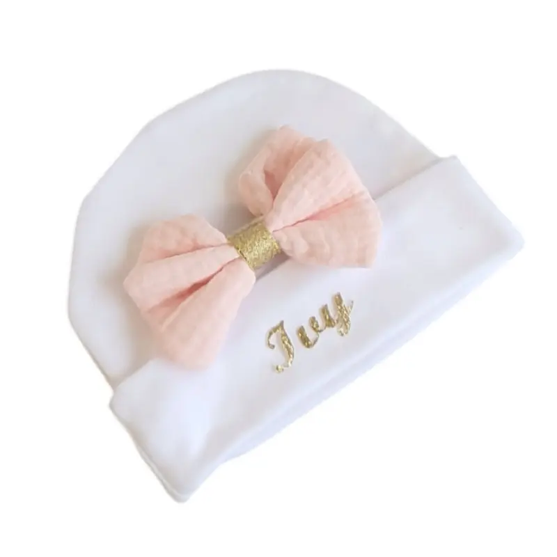 Bonnet de Naissance Coton Blanc Personnalisé Gros Nœud Rose Doux 💖 – Image 3