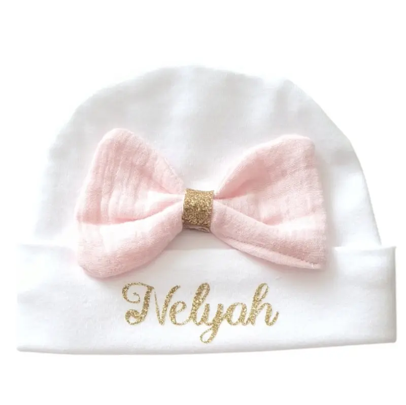 Bonnet de Naissance Coton Blanc Personnalisé Gros Nœud Rose Doux 💖 – Image 2