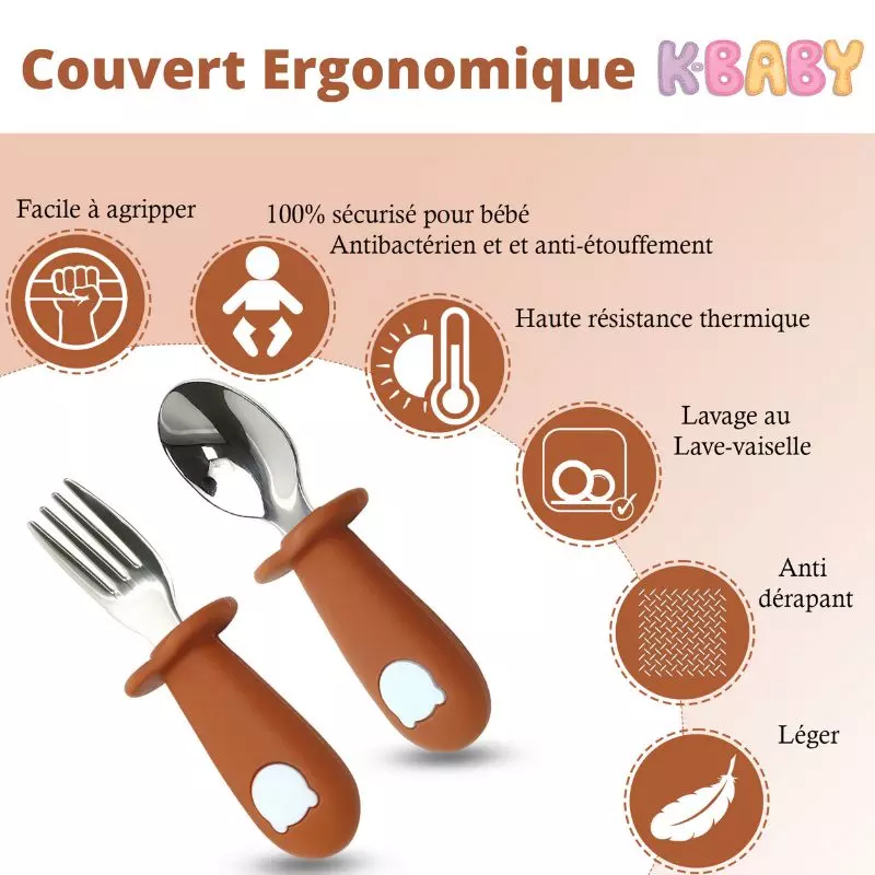 Couverts Ergonomiques Bébé – Forme Panda – Rose & Inox Sans BPA – Image 3
