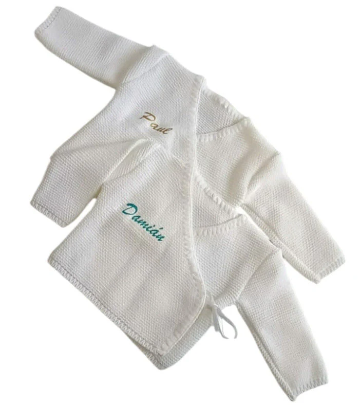 Brassière bébé laine blanche " Personnalisé " prénom bleu clair paillette " – Image 2